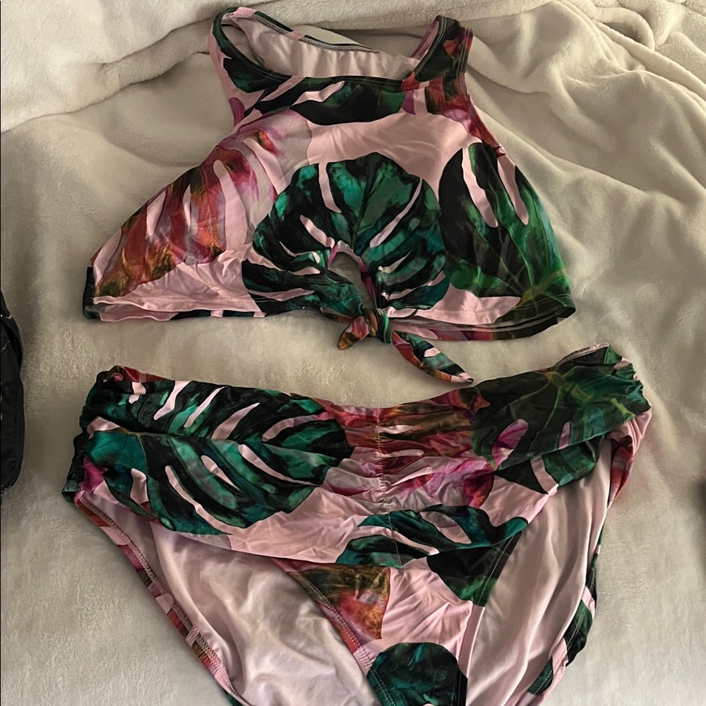 Decree Pink and Green Leaf Bikini